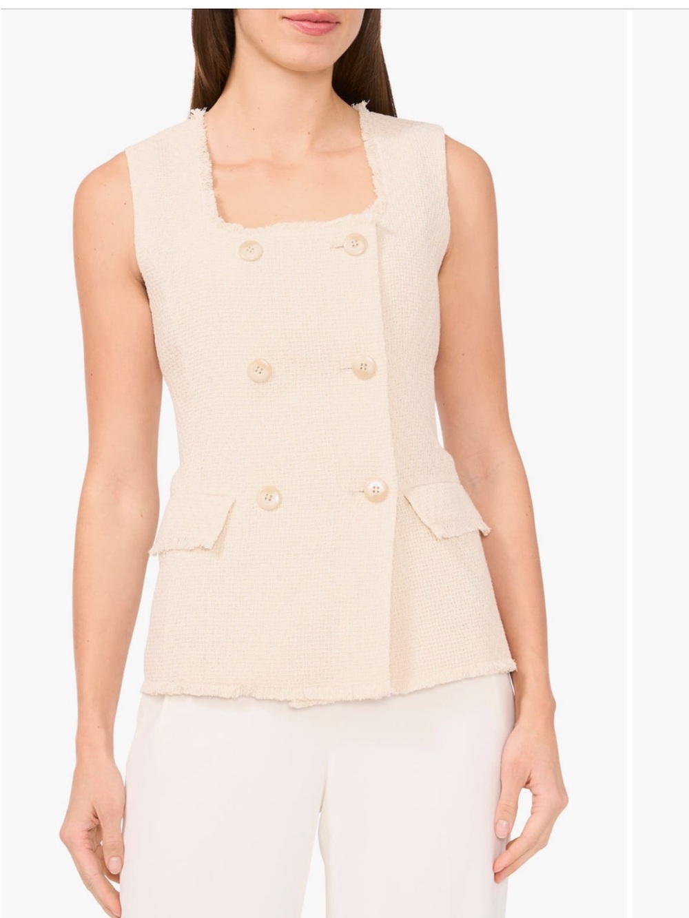Halogen women’s Sleeveless Double-Breasted Tweed Vest in Cream size medium